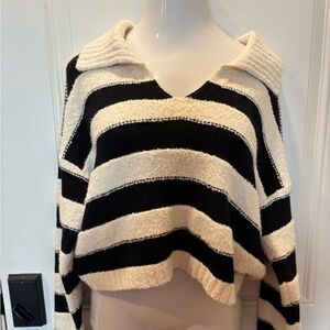 NWT Target Black and Cream Striped V-Neck Sweater